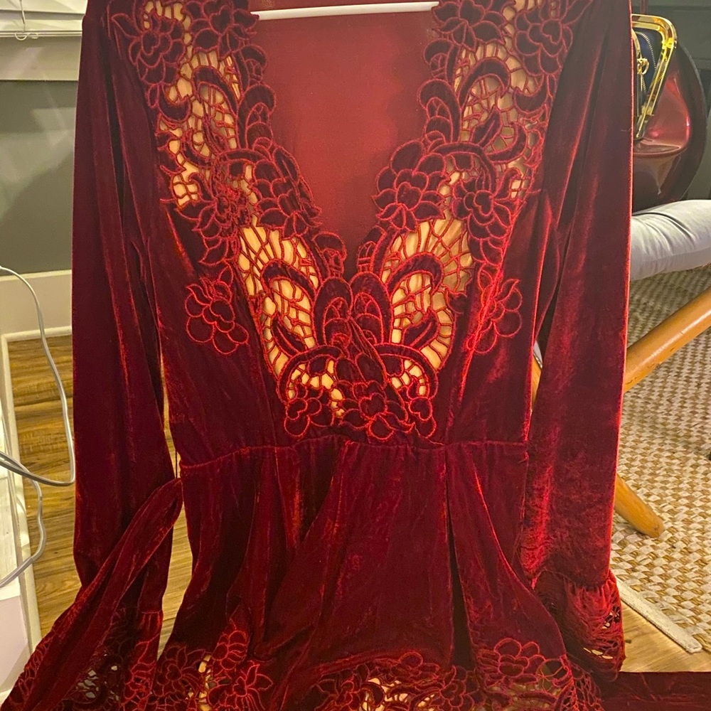 COPY - Burgundy and Nude Lace Romper Size Large